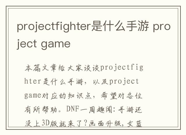 projectfighter是什么手游 project game