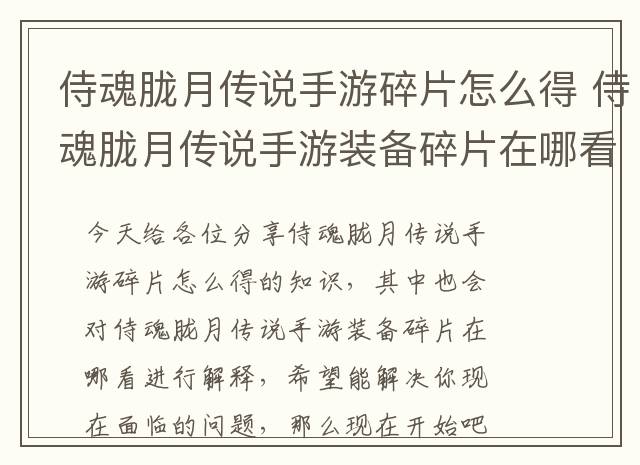 侍魂胧月传说手游碎片怎么得 侍魂胧月传说手游装备碎片在哪看