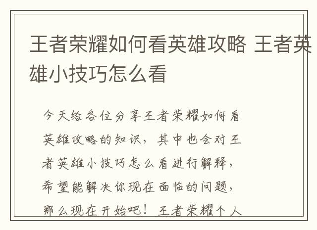 王者荣耀如何看英雄攻略 王者英雄小技巧怎么看